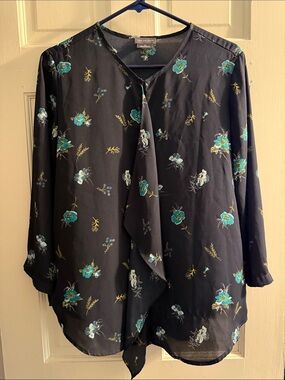 Van Heusen Black Blouse with Teal Floral Tie-Front